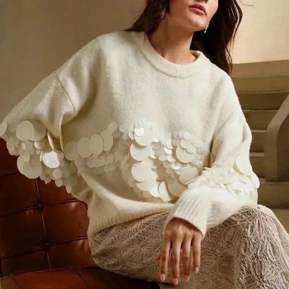 Apricot Casual Women's Handmade Beaded & Sequined Delicate Pullover Sweater